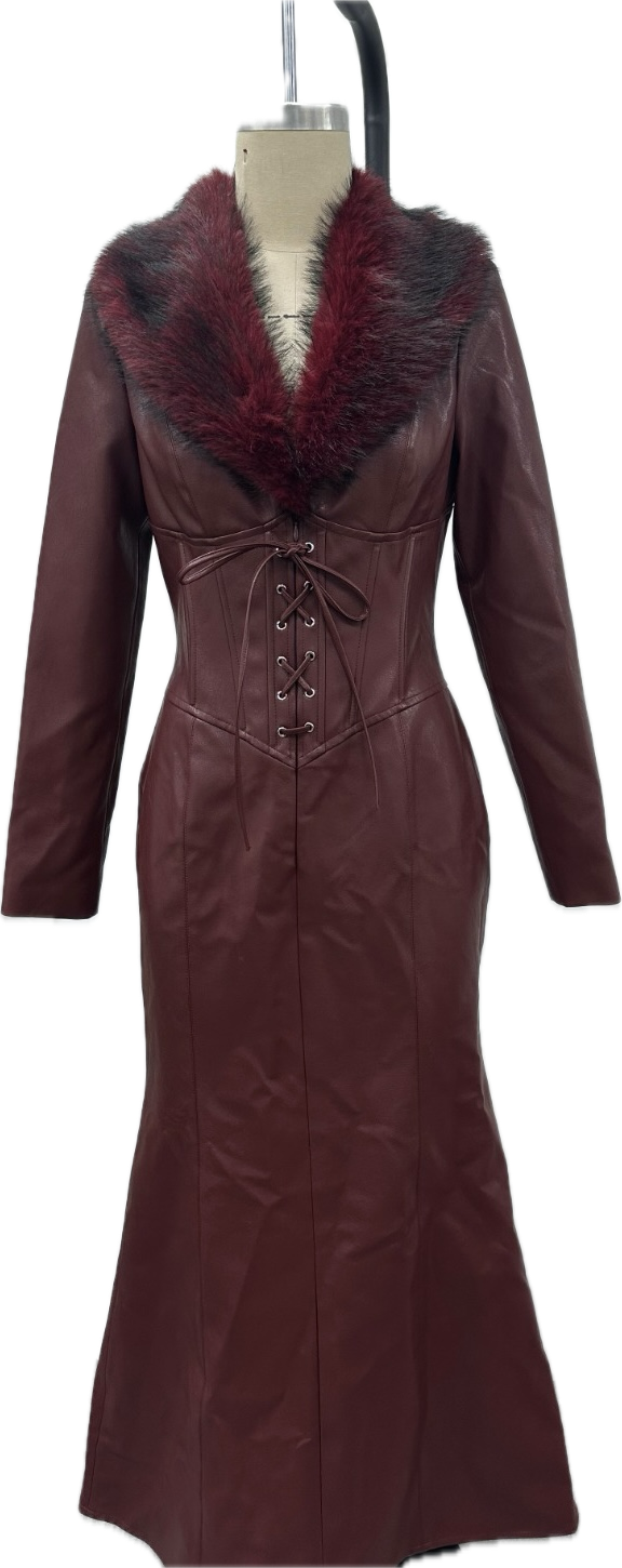 Leather Burgundy Dress with Fur Collar