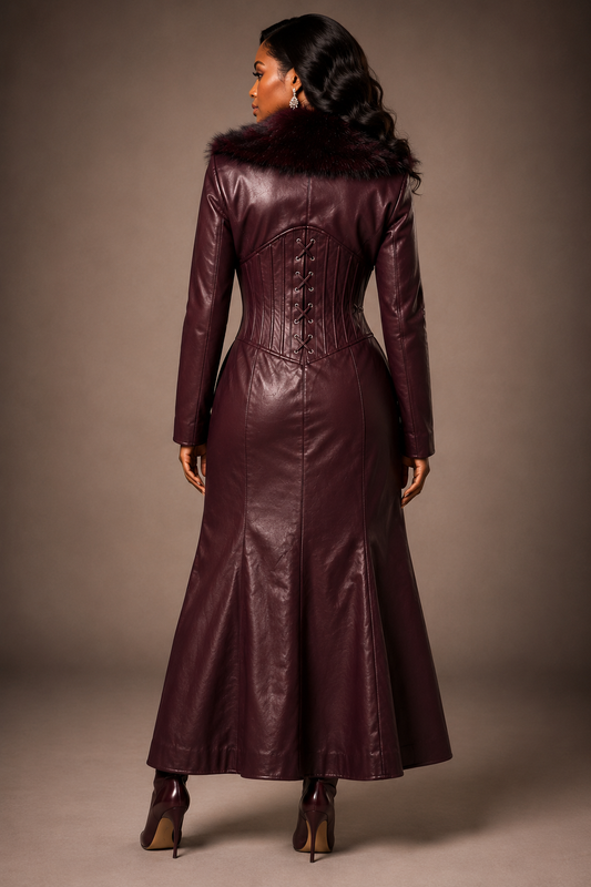 Leather Burgundy Dress with Fur Collar