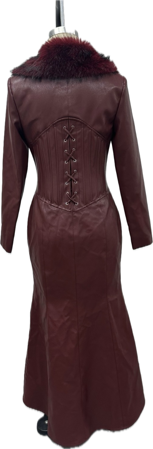 Leather Burgundy Dress with Fur Collar