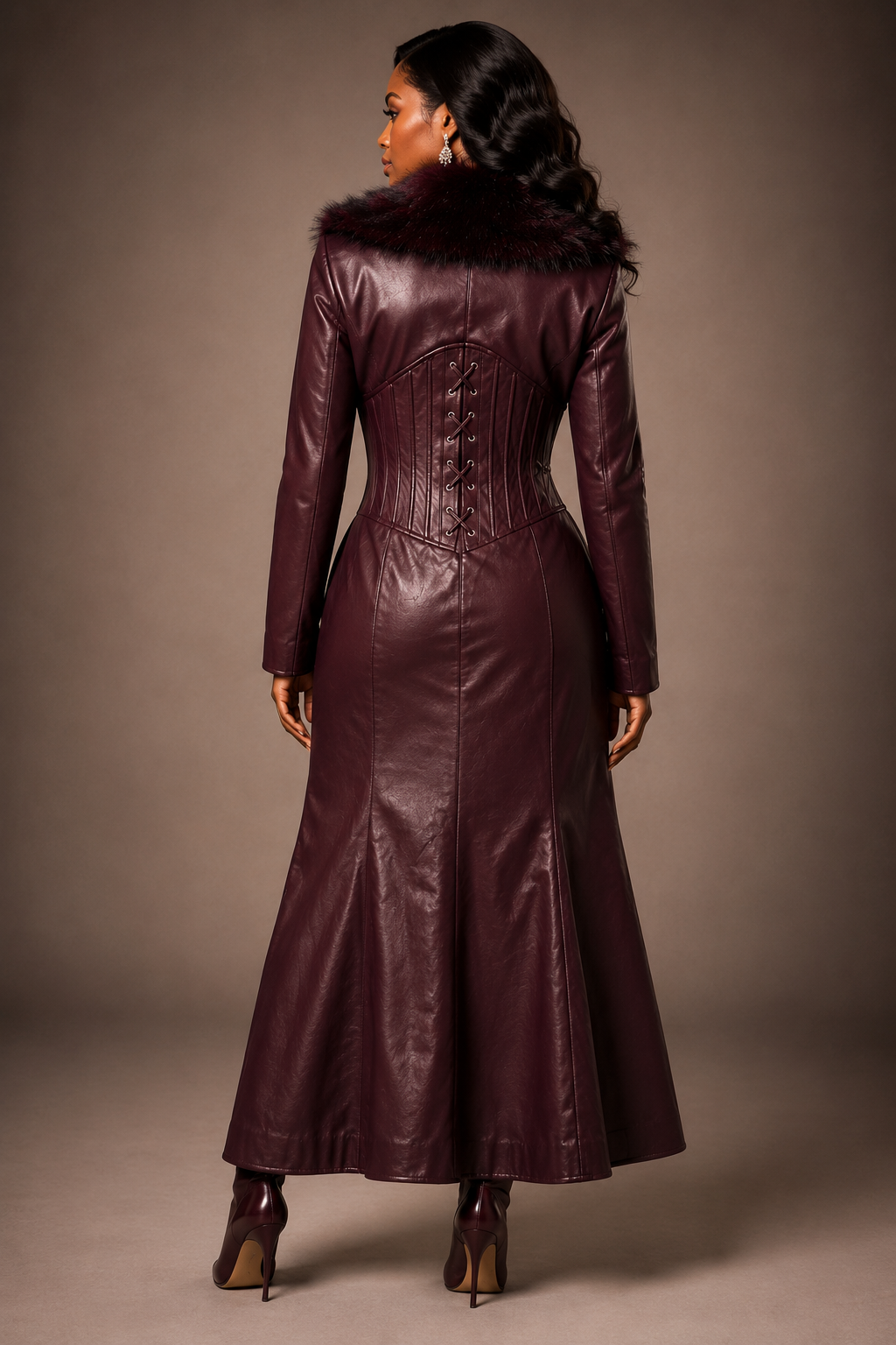 Leather Burgundy Dress with Fur Collar